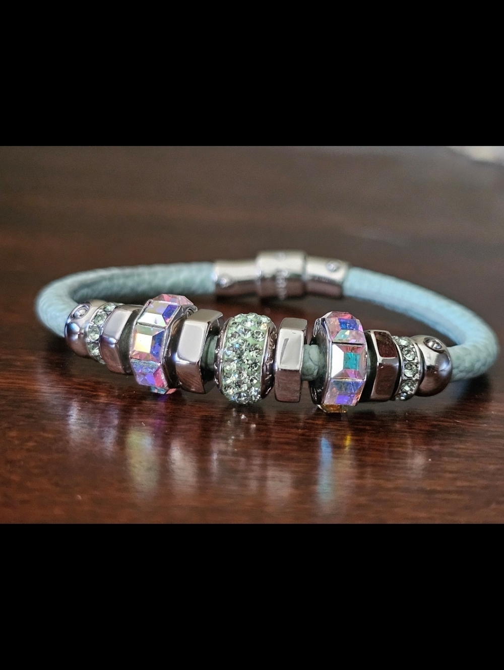 Henri Bendel Leather Charm Bracelet Crystal Beaded Silver Tone